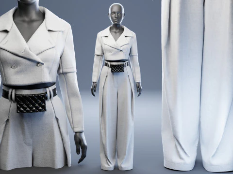 Grey Set of Tailored Blazer and Wide Leg Trouser with Waist Bag 3D Model