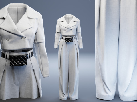 Grey Set of Tailored Blazer and Wide Leg Trouser with Waist Bag 3D Model