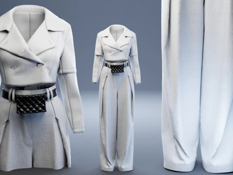 Grey Set of Tailored Blazer and Wide Leg Trouser with Waist Bag 3D Model