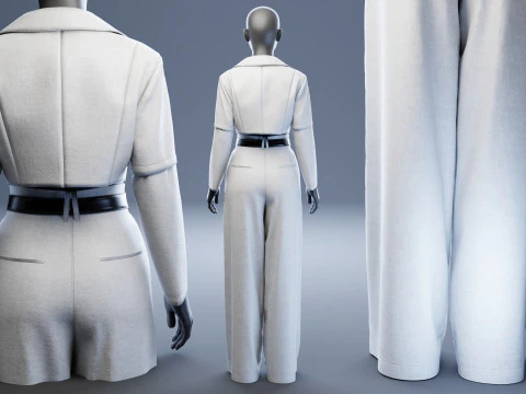 Grey Set of Tailored Blazer and Wide Leg Trouser with Waist Bag 3D Model