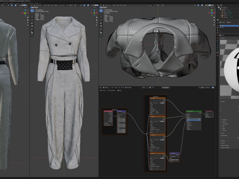 Grey Set of Tailored Blazer and Wide Leg Trouser with Waist Bag 3D Model