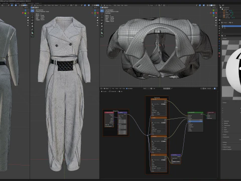Grey Set of Tailored Blazer and Wide Leg Trouser with Waist Bag 3D Model