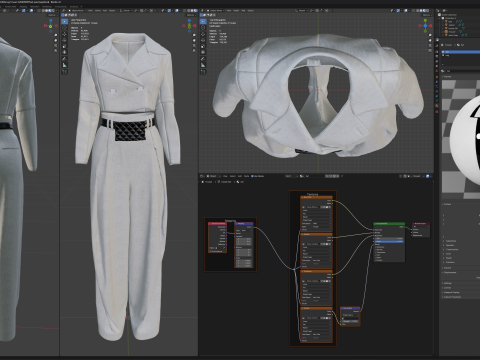 Grey Set of Tailored Blazer and Wide Leg Trouser with Waist Bag 3D Model