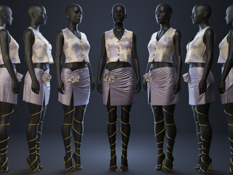 Silky Lilac Vest and Rose Draped Skirt with Golden Heels 3D 模型