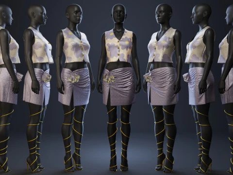 Silky Lilac Vest and Rose Draped Skirt with Golden Heels 3D Model