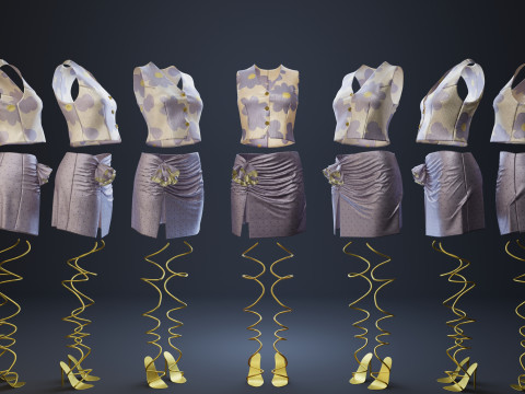 Silky Lilac Vest and Rose Draped Skirt with Golden Heels 3D 模型