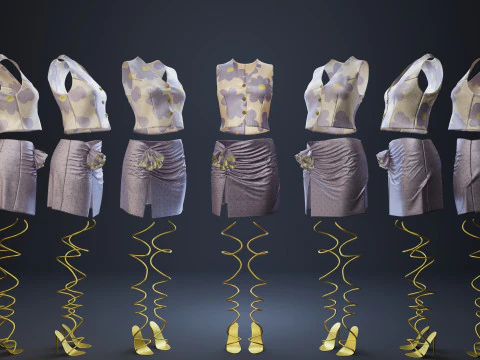 Silky Lilac Vest and Rose Draped Skirt with Golden Heels 3D Model