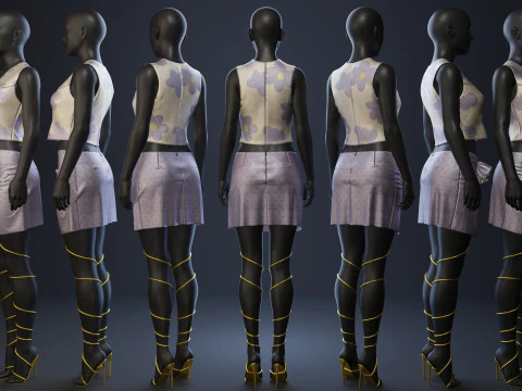 Silky Lilac Vest and Rose Draped Skirt with Golden Heels 3D Model