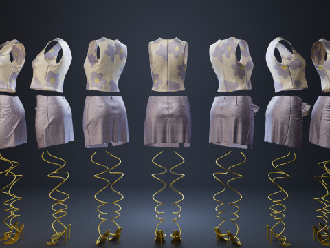 Silky Lilac Vest and Rose Draped Skirt with Golden Heels 3D 模型