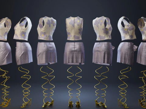 Silky Lilac Vest and Rose Draped Skirt with Golden Heels 3D Model