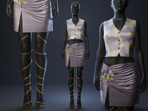 Silky Lilac Vest and Rose Draped Skirt with Golden Heels 3D 模型