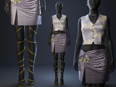 Silky Lilac Vest and Rose Draped Skirt with Golden Heels 3D Model