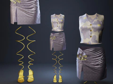 Silky Lilac Vest and Rose Draped Skirt with Golden Heels 3D Model