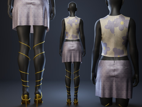 Silky Lilac Vest and Rose Draped Skirt with Golden Heels 3D 模型