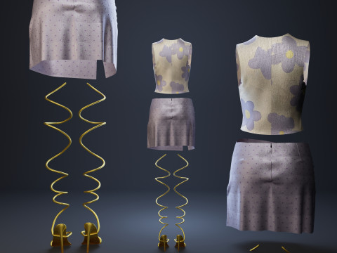 Silky Lilac Vest and Rose Draped Skirt with Golden Heels 3D 模型