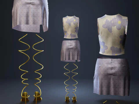 Silky Lilac Vest and Rose Draped Skirt with Golden Heels 3D Model