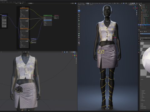 Silky Lilac Vest and Rose Draped Skirt with Golden Heels 3D 模型