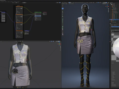Silky Lilac Vest and Rose Draped Skirt with Golden Heels 3D Model