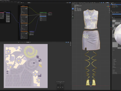 Silky Lilac Vest and Rose Draped Skirt with Golden Heels 3D Model