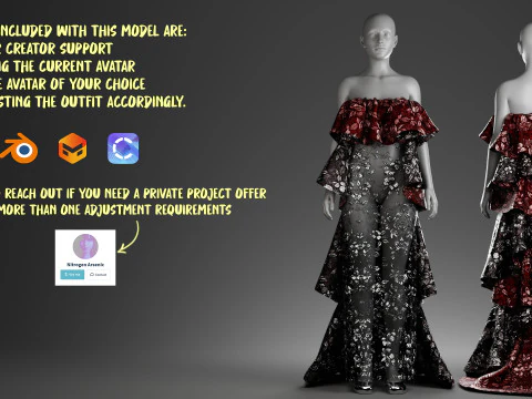 Vestido de tule bordado floral met&aacute;lico com babados ousados Modelo 3D