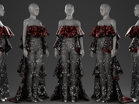 Metallic Floral Embroidered Tulle Gown with Bold Frills 3D Model