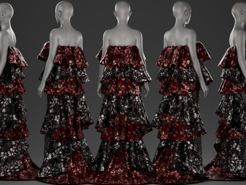 Metallic Floral Embroidered Tulle Gown with Bold Frills 3D Model
