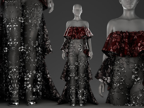 Metallic Floral Embroidered Tulle Gown with Bold Frills 3D Model