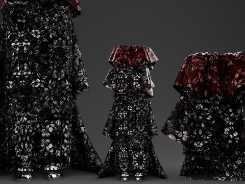 Metallic Floral Embroidered Tulle Gown with Bold Frills 3D Model