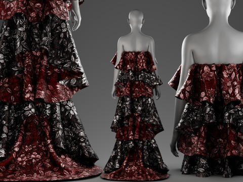 Metallic Floral Embroidered Tulle Gown with Bold Frills 3D Model