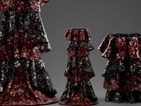Metallic Floral Embroidered Tulle Gown with Bold Frills 3D Model