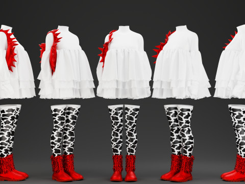Oversize Optic White Dress With Red boots and Spiked Tote Modelo 3D