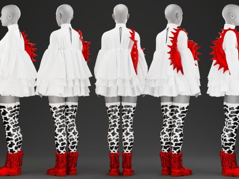 Oversize Optic White Dress With Red boots and Spiked Tote Modelo 3D