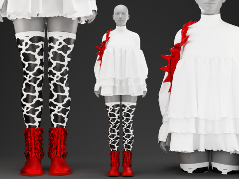 Oversize Optic White Dress With Red boots and Spiked Tote Modelo 3D