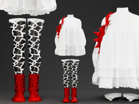 Oversize Optic White Dress With Red boots and Spiked Tote Modelo 3D