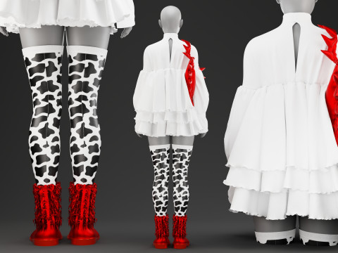 Oversize Optic White Dress With Red boots and Spiked Tote Modelo 3D