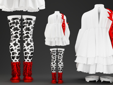 Oversize Optic White Dress With Red boots and Spiked Tote Modelo 3D