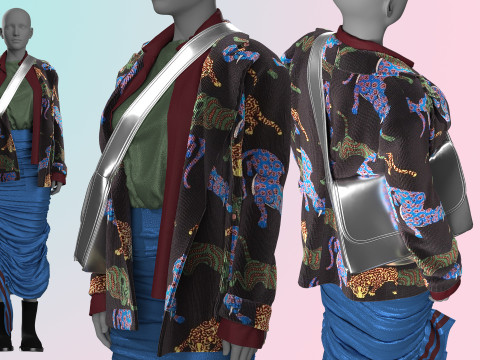 Layered Jacket with Silver Purse and Gathered Skirt Modelo 3D