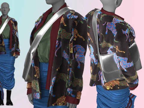 Layered Jacket with Silver Purse and Gathered Skirt 3D Model