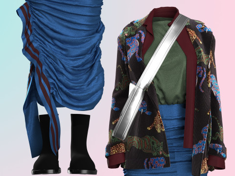 Layered Jacket with Silver Purse and Gathered Skirt Model 3D