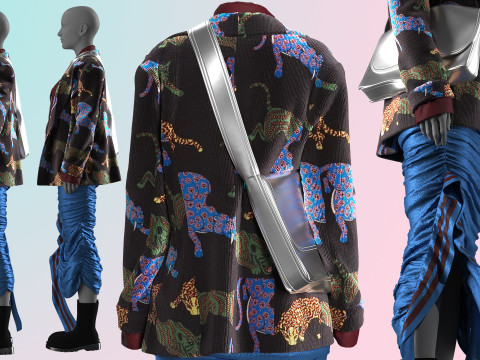 Layered Jacket with Silver Purse and Gathered Skirt Model 3D