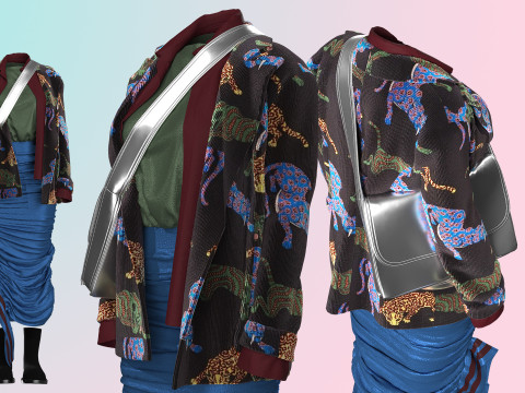Layered Jacket with Silver Purse and Gathered Skirt Model 3D