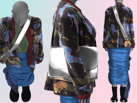 Layered Jacket with Silver Purse and Gathered Skirt Model 3D