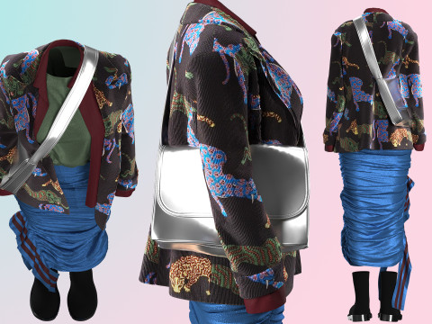 Layered Jacket with Silver Purse and Gathered Skirt Model 3D