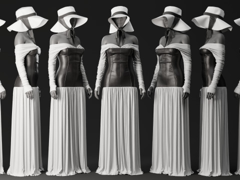 White Loose Dress with Black Leather Corset 3D 模型
