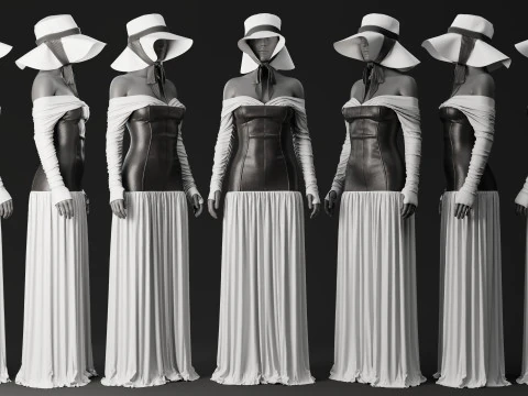 White Loose Dress with Black Leather Corset 3D Model