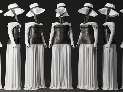 White Loose Dress with Black Leather Corset 3D Model