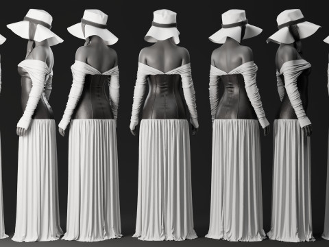 White Loose Dress with Black Leather Corset 3D 模型