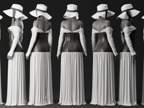White Loose Dress with Black Leather Corset 3D Model