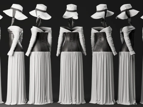 White Loose Dress with Black Leather Corset 3D Model