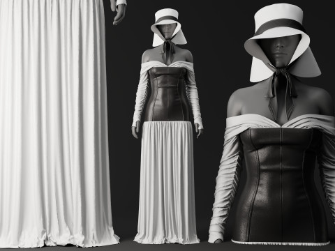White Loose Dress with Black Leather Corset 3D 模型